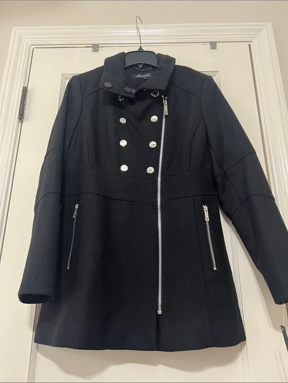 Kenneth Cole New York Black Double-Breasted Pea Coat with Asymmetrical Zip